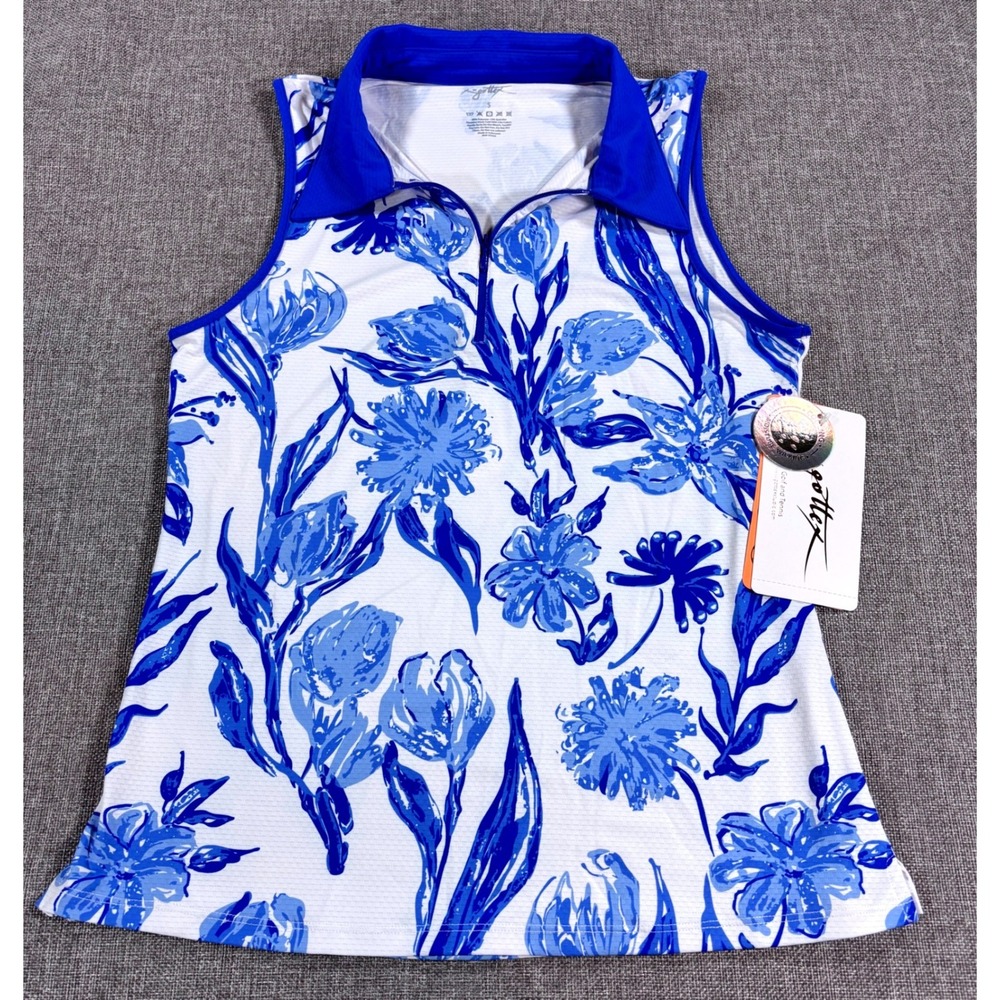 Gottex Tennis Golf Top Sleeveless Floral Quarter Zip Blue Tulip Women Size S NEW